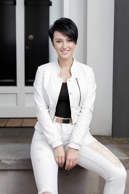 <lora:EmyliaArgan:1> emyliaargan, woman, short black hair, white jacket, smile, jeans, high heels, full body, sitting,, intricate details, hyperdetailed, cinematic, realistic, masterpiece