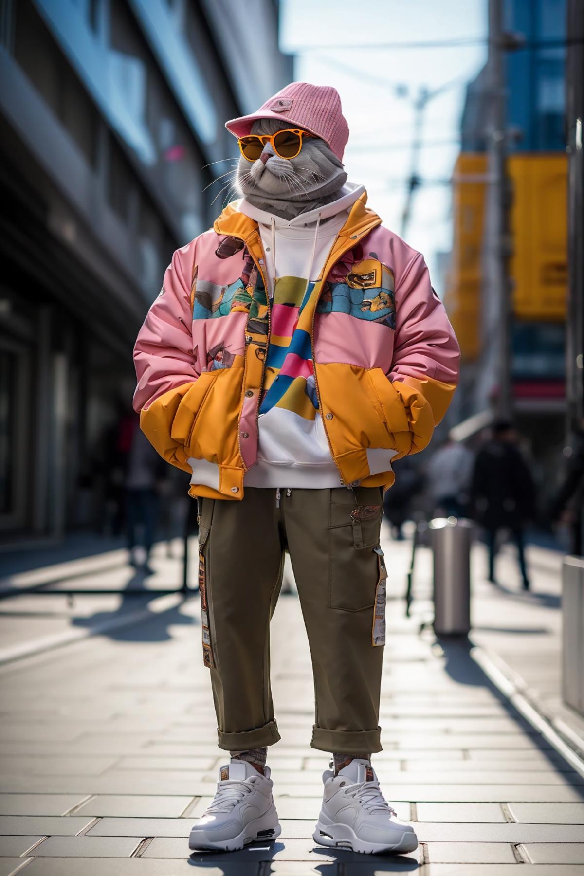 A person wearing a colorful jacket and sunglasses standing on a sidewalk.