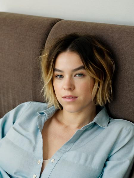 A beautiful m1lly4 woman, 1girl,solo,looking at viewer,short hair,(((blonde hair))),brown hair,shirt,lying,lips,chair,couch,realistic,unbuttoned,partially unbuttoned,soft lighting, professional Photography, Photorealistic, detailed, RAW, analog, sharp focus, 8k, HD, high quality, masterpiece<lora:m1lly4:1.0>