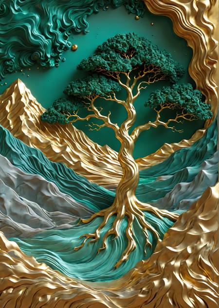 a lonely tree over a mountain, (emerald and gold:1.2),  <lora:TQ_-_Relief_Paintings_XL:0.4> relief background,relief murals, detailed,8K, carved, fluid dynamics 3D art style, 3d fluid render, expressive and dynamic, vibrant contrasting colors, lively appearance, mesmerizing flow of shapes, simulation of fluid dynamics, swirling motion, bold colors blending seamlessly, abstract and captivating, fluidity and energy, mesmerizing composition, engaging viewer experience, seamless integration of colors and shapes, volumetric, 4k, Cinematic photography, movie mood, cinematic light, compelling composition, storytelling elements, conveys emotion, mood, and narrative depth, creating visually striking images that feel like still frames from a film