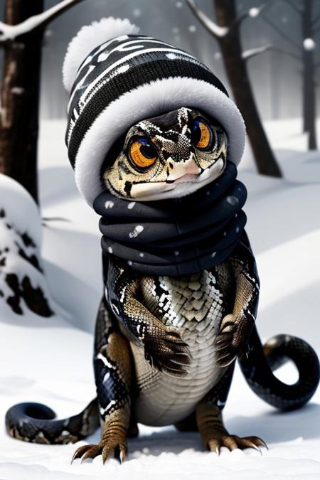 Cute (massive huge eyed), (snake), solo, (wearing beanie hat), winter, 4k, high detail, high quality, realistic, full body,