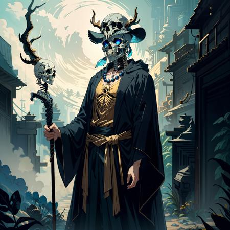 photorealistic, (hyperrealistic:1.2), beautiful, masterpiece, best quality, extremely detailed face, perfect lighting, full body, WarriorStyle,    skull, solo, horns, jewelry, hat, cane, standing, animal skull, holding, full body, necklace, 1other, antlers, robe, (skeleton head:1.2), beads, mask, long sleeves, wide sleeves, holding cane, black headwear, 1boy, staff, male focus, ring