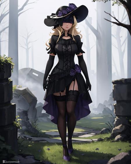 best quality, (masterpiece:1.2), illustration, absurdres,
(1girl), (solo), (beautiful detailed girl), full body shot,
<lora:Lucrezia-08:0.8>, Lucrezia Isselee, blond hair, long hair, purple eyes, eyes behind veil,
black and purple dress, gothic dress, black hat, gothic hat, veil, , black lace, black thighhighs, purple high heels,
magical forest, flowers, mushrooms, (mist:1.1), ancient ruins, stone ruins,