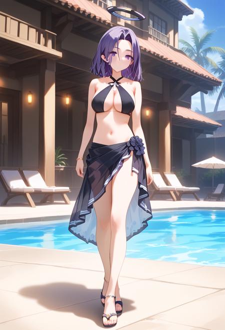 tatsuta-kc, purple hair, halo, middle hair, purple eyes tatsutadef-kc, dress, long sleeves, black dress, white shirt, black skirt, short dress, bare legs, breasts tatsutakai2-kc, bare shoulders, sleeveless, high-waist skirt, black dress, white shirt, black skirt, short dress, bare legs, breasts tatsutamizugi-kc, swimsuit, black bikini, criss-cross halter, sarong