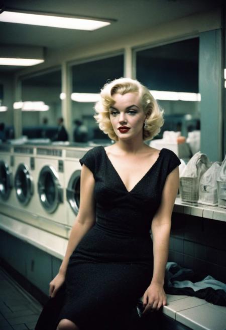 candid snapshot of Marylin Monroe sitting in a laundrette late at night wearing an elegant black Chanel dress, highly detailed face, Perfect Hands, shallow depth of field, vignette, highly detailed, film grain, (cross-processing:0.6), (lomography:0.6)