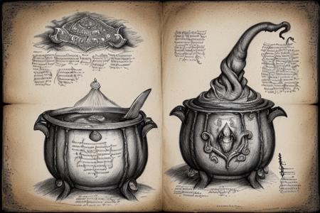 forgotten_pages a drawing a cauldron with and octupus inside from a witch's recipes book <lora:v9 dreamshaper_2steps_32-16:1>