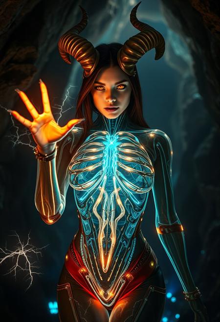 Upper body , A captivating demon woman wears form-fitting outfit glistens in the eerie light her glass body, sharp, curving horns, and glowing glowing eyes stands in a cavern filled with bioluminescent crystals. ,,accentuating her sinuous, powerful form as she manipulates the crystals with her magic, creating a dazzling, otherworldly display.,monster., (her Cyborg,with her Rib Cage made of only glass.Neon light of cables and gears inside the glass body ),((her hand crackling with huge electricity power as she gazes directly at the camera)).,looking at viewer,from front,gigantic boobs,)(( A mesmerizing neon-hologram adorns her chest, Neon cables and gears glint inside her glass rib cage as she poses seductively, )).,looking at viewer,from front,gigantic boobs,