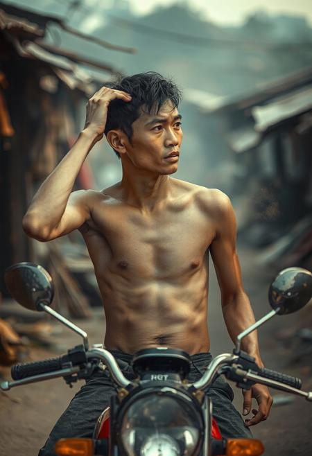A high quality photo of a very skinny bare-chested young Chinese man sitting on an old motorbike in an old village. He is scratching his head and looks into the distance, dust in the air, effortlessly chic, beautiful, artistic, serene, detailed, slightly cluttered environment. High detail, heavy use of depth of field, 4k, super realistic, real photo, shot on Canon, camera, orange dreamy lighting, muted colors,