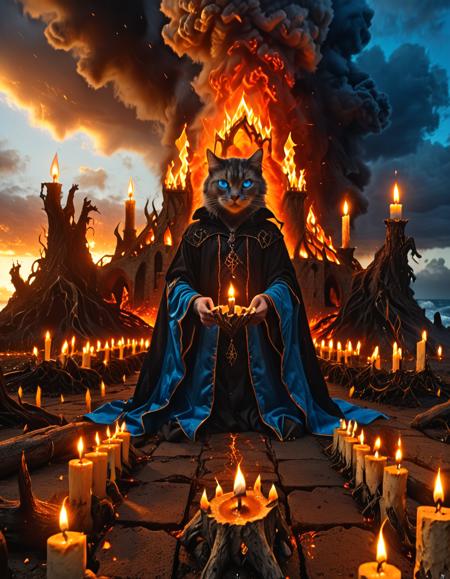 <lora:MW_DEp1xl:1>  extreme closeup focus on a epic cat magician face in a dark magic robe, blue eyes, glowing whiskers, magic blue fire in its paws, epic outdoor ruin, clouds, warm candlelight, giant roots, endless rows of melted candles casting long dancing shadows, amber dusk light, melancholic, reverent, dark medieval fantasy atmosphere, solemn gothic beauty, T8, wet, SE11, intense, lava color, glow, SE14, fire, crumbled ground, fire veins, T10, landscape, giant waves, rocks, rough sea, ruins on fire, sunset, blue, orange, yellow, brown, SE12, rich detailed sky, clouds, fantasy, shiny diamonds suspended in the air, bokeh, T5, depth of field, from low angle