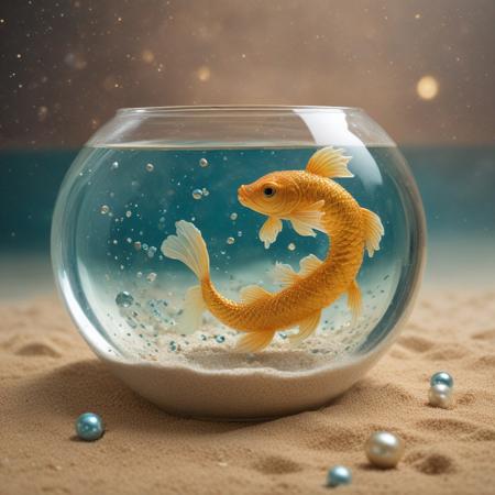 ultra high definition, high impact, professional photograph. A crystal fishbowl, inside a gold fish, looking remarkably like a golden chinese dragon, swims.
iridiscent sand and aquamarine pearls at the botom of the fishbowl
In the background 2 galaxies collide