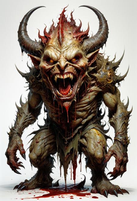 full body, lineart, fantasy concept art, a repulsive-looking, deformed, wrinkled demon screams, its mouth is wide open, ugly stubby teeth, blood spurts everywhere from its body, it is covered in blood from head to toe, gruesome, frightening, cruel, disgusting, watercolor wash, approaching perfection, pure form,  minimalistic, unfinished, concept art by Brian Froud and Carne Griffiths, intricate details, 8k post production, high resolution, hyperdetailed, trending on artstation, sharp focus, studio photo, intricate details, highly detailed, by greg rutkowski<lora:xl_more_art-full_v1:0.5>
dungeon and dragon , fantasy,  detailed_eye_model, white background, brown red yellow olive