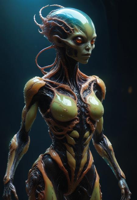 focus on sexy alien girl anthropomorphic bioengineered creature, transparency:1.4, (detailed cybernetic implants fused with organic matter:0.5), full body, (with intensely vibrant swirling colors:1.9), realistic photo, <lora:add-detail-xl:1.0> ,  <lora:artialien:1> artialien