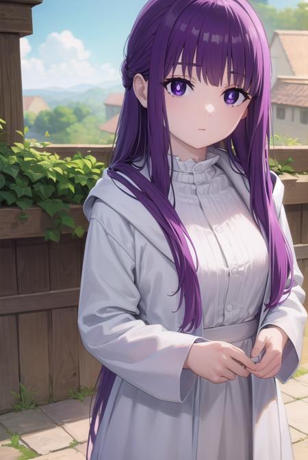 fern, long hair, bangs, (purple eyes:1.1), purple hair, sidelocks, blunt bangs, (bright pupils:1.5), half updo, shirt, dress, jacket, white shirt, open clothes, hood, white dress, hood down,