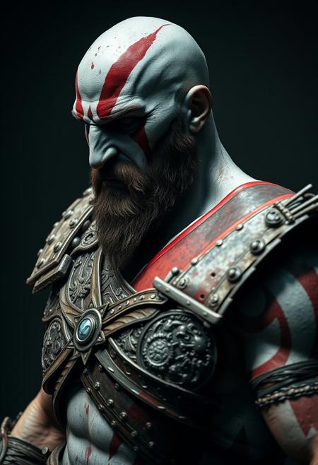 A hyper-realistic cinematic photograph of Kratos from God of War. He is dressed in armor and depicted in all his battle-worn glory. photography, shadows, raw photo, detailed, realistic, photograph, cinema quality