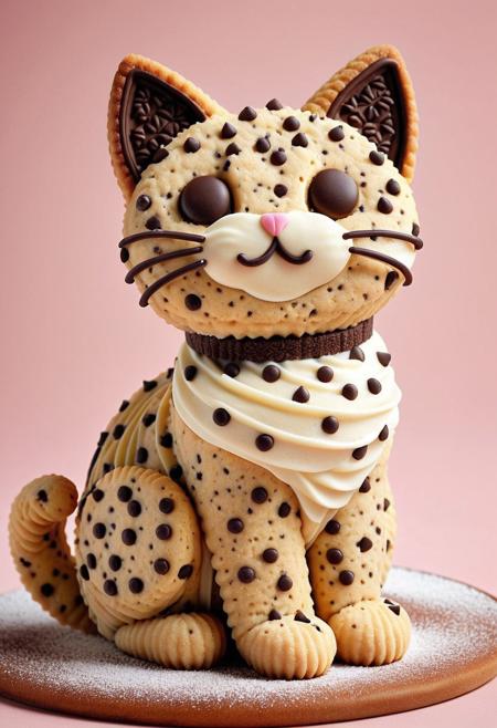 a cat made entirely of creamy cookie dough, smooth creamy texture, soft baked details, chocolate chip patterns on fur, golden brown tones, highly detailed, soft lighting, dreamy atmosphere, pastel background, cute pose, hyperrealistic, ultra detailed, whimsical style, delicious appearance, dessert-themed character