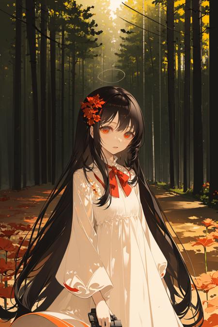 solo , gun, black hair, 1boy, 1girl, male focus ,flower, long hair, nature, solo, tree, dress, red flower, very long hair, scenery, forest, sunlight, outdoors, spider lily, light rays, blurry, brown hair, holding flower, white dress, depth of field, holding, standing, sunbeam 
///////////   <lora:chongzhen-000202:1>