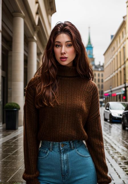 modern masterpiece photograph (close-up:1.15) portrait of TiffyMinxy, brown wool turtleneck sweater, long blue jeans pants, (standing legs appart:1.3), (front view), spread legs, 23 years old, long hair, modern look, (light lipstick:0.85), old city square in the background, night city, rain, nature, natural look, soft skin, clean, two tone, beauty, shot with hasselblad, sharp focus, dof, sunshine, sun on face, lace, rain, brown eyes, (rim lighting), half body, flemish, skin pores, acne, <lora:TiffyMinxy:1>,