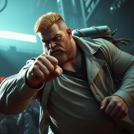 dynamic fight scene closeup, depth of field, action movie scene with hazey blue colorgrading and noise grain, gay bara manga by Goh Fujimoto and Gengoroh Tagame as hyperealistic dark cgi scifi movie 3d 2.5d render with realistic professional lightning and advanced 3D shading tech, depicting a serious stern blonde hairy german musclechub wiith a big round belly and huge steroid muscle arms wearing a white leather jacket and long loose black v-neck tshirt , small golden earring in right ear, very hairy chest, his face is round and he has crooked small nose and a doublechin, in a dark megastructure megacity, attacking with his fist with a fast uppercut move shoryuken dragonpunch with a fitting dramatic camera angle, wearing a huge teal colored adventurer backpack with strands of cloth hanging from it, detailed high resolution textures, dark shadown with dynamic rimlight