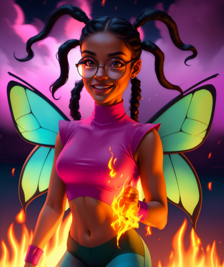 Taranee,twintails,dreads,short hair,glasses,standing,upper body,smiling,
striped pantyhose,midriff,pink wristbands,fairy wings,toned,pink crop top,turtleneck,
fire background,cinematic lighting,
outdoors,
(insanely detailed, beautiful detailed face, masterpiece, best quality),<lora:TaraneeCook-10N2:0.8>,