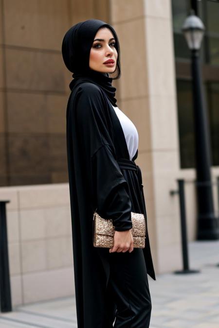 arab woman, arab journalist, busty , abaya , gulf, mosque, Muslim, covered hair, black hair, wavy hair long-hair, head scarf, loos scarf, loos, cleavage, thigh , thick thigh , full lips, milf, shawl, woman from UAE , head shawl, loos head shawl, loos abaya, loos clothes, plain shawl, natural breasts, medium brests , out doors , abu dhabi woman, abu dhabi , modest , luxury , luxury woman , , good makeup, Instagram , natural face skin, natural skin, beautifully skin , lips filler, botox , long eyelashes , eye lashes , black abaya , plain abaya , slutty cleavage , escort, small purse , holding a purse , sparkly purse , arab escort, wide hips <lora:more_details:0.5>, high class<lora:RealDownblouse4:1>  <lora:BimbolipsV4:0.5>, biglips, Downblouse,   high quality, film grain, Fujifilm XT3 detailed skin with visible pores, insane details, masterpiece, pants, tight pants, ass, big ass, slut, skint tight pants, camel toe, high class, high class escort , small brests