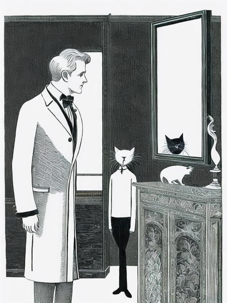 <lora:EdwardGorey:1>a man standing in front of a cat looking at another man looking in the mirror by Edward Gorey