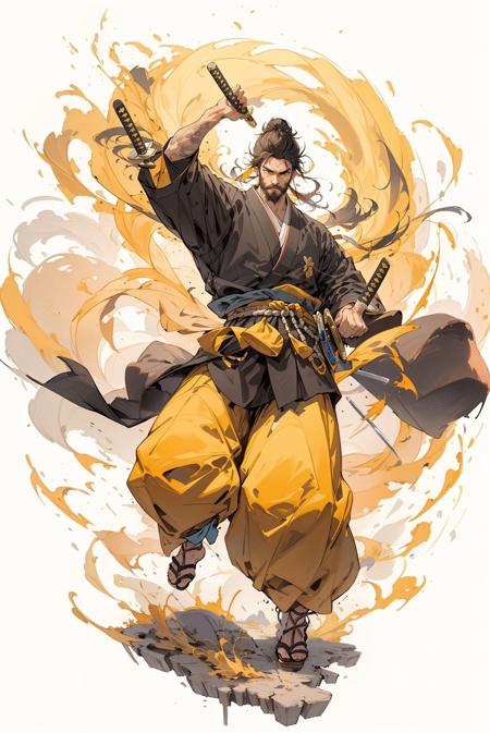 1boy, weapon, sword, male focus, solo, clothes, katana, tabi, holding, holding sword, facial hair, black hair, holding weapon, long hair, kimono, fighting stance, sandals, full body, sheath, prosthesis, single hair bun, looking at viewer, hakama, beard, yellow kimono, wide sleeves, haori, prosthetic arm, boots,
<lora:niji_wushi:0.61>