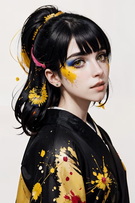 masterpiece,best quality,1girl,kimono,(lycoris flower) in hair,highly detailed,high definition,hair intakes,(yellow ink and paint splatter),(marroon ink and paint splatter),(black ink, black paint splatter),watercolor,vibrant colors,octans,  <lora:hhayleyydefv2:1> hhayleyy