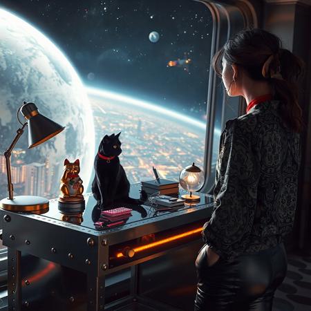 A sleek black cat with red collar sits on a cluttered metal riveted desk with transparent top and micro-LED lighted computer components visible inside, On the desk is a gold and lacquer maneki neko statue and an art deco glass and metal lamp, the Black Cat is looking out of a seamless and futuristic floor to ceiling window that looks out at a planet from low orbit, the planet is covered with the lights of enormous buildings and cities, (((a beautiful woman, 24 years old, is standing next to the desk the cat is sitting on and looking longingly out the window, the woman is dressed in an ornate Japanese style shirt and elegant leather pants with an ornate design. An enormous deco starship with futuristic lighting and an enormous space station are visible in the background among the stars, The woman's hair is messy from just waking up and tied up with a ribbon.  Artistic art deco, dynamic perspective, (((overall architectural aesthetic is Art Deco Cyberpunk))).  Epic image that elicits a feeling of wonder and awe,