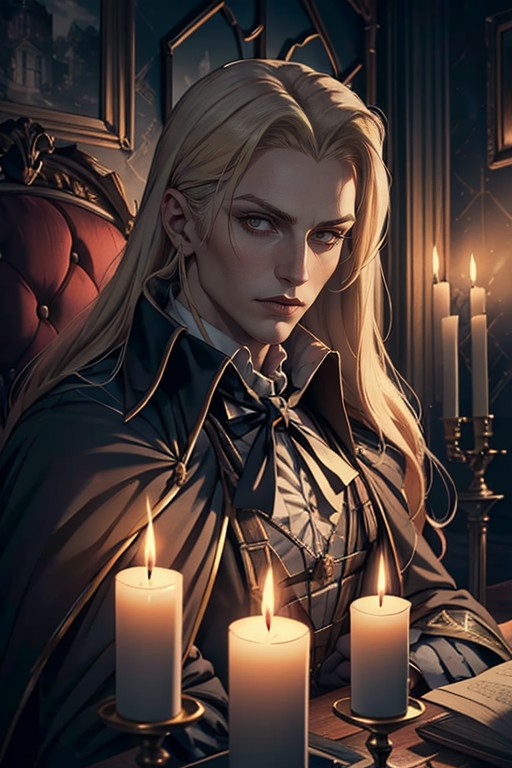 1man, handsome man, portrait upper body of alucardcastlevania wear court suit in bedroomgothic room, candle, looking at vi...