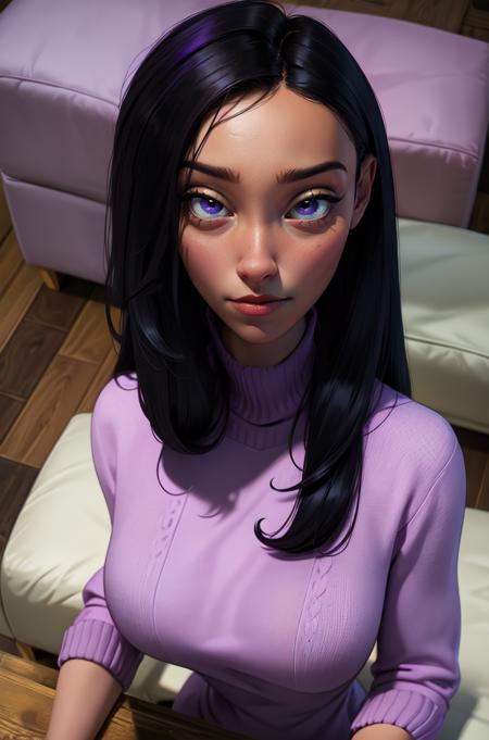 vilett,black hair,purple eyes,  long hair, 
pink sweater,  from above, 
upper body, sitting,  
living room, 
(insanely detailed, beautiful detailed face,beautiful detailed eyes, masterpiece, best quality),solo,  <lora:VioletCas:0.5>