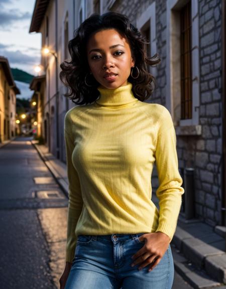 RAW photo of extremely sexy Disireel in an italian village street at night, (wearing a yellow turtleneck jumper and blue jeans1.2), 55mm professional photography, full detail, detailed face, 8k uhd, dslr, soft lighting, high quality, film grain, Fujifilm XT3, <lora:Disireel-10:1>,