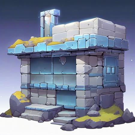 platformer tile block for adventure game taking place in tundra evening hidden lab, building made from recycled metal rubbish, on a plain background