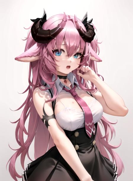 best quality, (masterpiece),(ultra-detailed), (high quality), (high resolution),  <lora:Irelyth-10:0.7>,1girl, animal ears, bangs, black choker, black dress, blue eyes, blue hair, breasts, choker, cleavage, collared shirt, curled horns, demon horns, fang, from above, hair between eyes, horns, long hair, looking at viewer, necktie, open mouth, pink hair, pink necktie, pink skirt, ribbon, rose, school uniform, sheep ears, simple background, smile, solo, swimsuit, tattoo, transparent background, very long hair, virtual youtuber, white background, white shirt