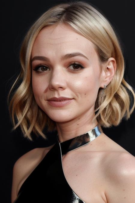 (CareyMulligan:0.9), (upper body closeup:1.3) portrait of young woman, black background, tilted pose shot, slick undercut hair, oiled shiny skin, silver dress, spaghetti straps