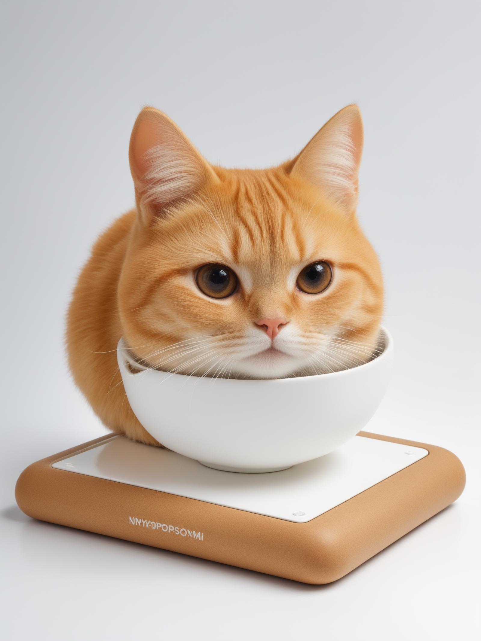 A tan cat sitting in a white bowl on a scale.