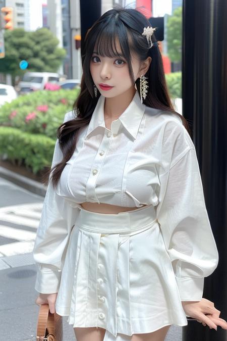 1girl, Chinese, asian, black hair, long hair, office lady, cityscape, tokyo, outdoors, black collared shirt, white skirt, earrings, looking at viewer,