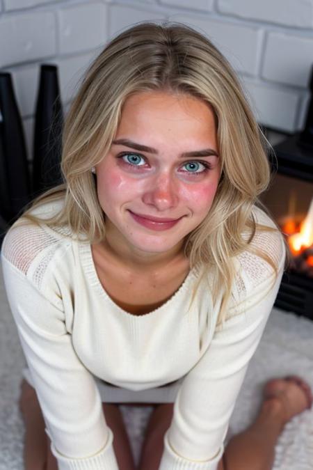(face like emmatopdown),  body like goose_fit_girl,
blonde hair, athletic body,  eyecandy, desirable, 
(tiny breasts), beautiful green eyes, fit body,
 realistic,  
(wearing oversized white sweater ), on floor by fireplace.
nervous, tiny smile, 
 (tears in eyes,( tears running down face,) ) 
Crying, 
facial,