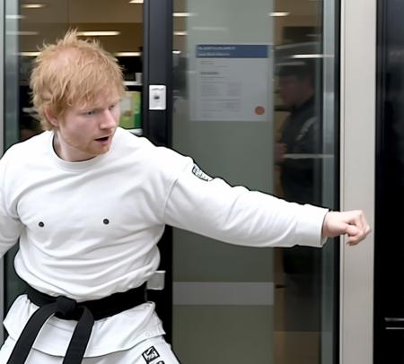 <lora:Ed Sheeran - Trigger is Edsheeran Person:1> Edsheeran person doing karate on the glass door entrance at the grocery store in London England. ((extremely pissed off at the glass door))