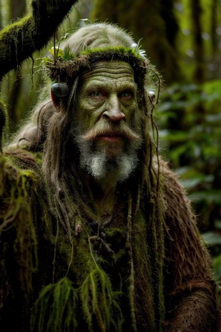 high quality, , realistic photo movie still of   (swampstyle monster:1.1) (druid  wizard man:1.1) (wearing a tunic:1.2)  , in a (dark forest:1.2), close up  ,   , cinematic lighting,   high res,  insane details,   hyper realistic,   , masterpiece, 8k uhd,  <lora:epiNoiseoffset_v2:0.8> <lora:swampstyle:0.5>