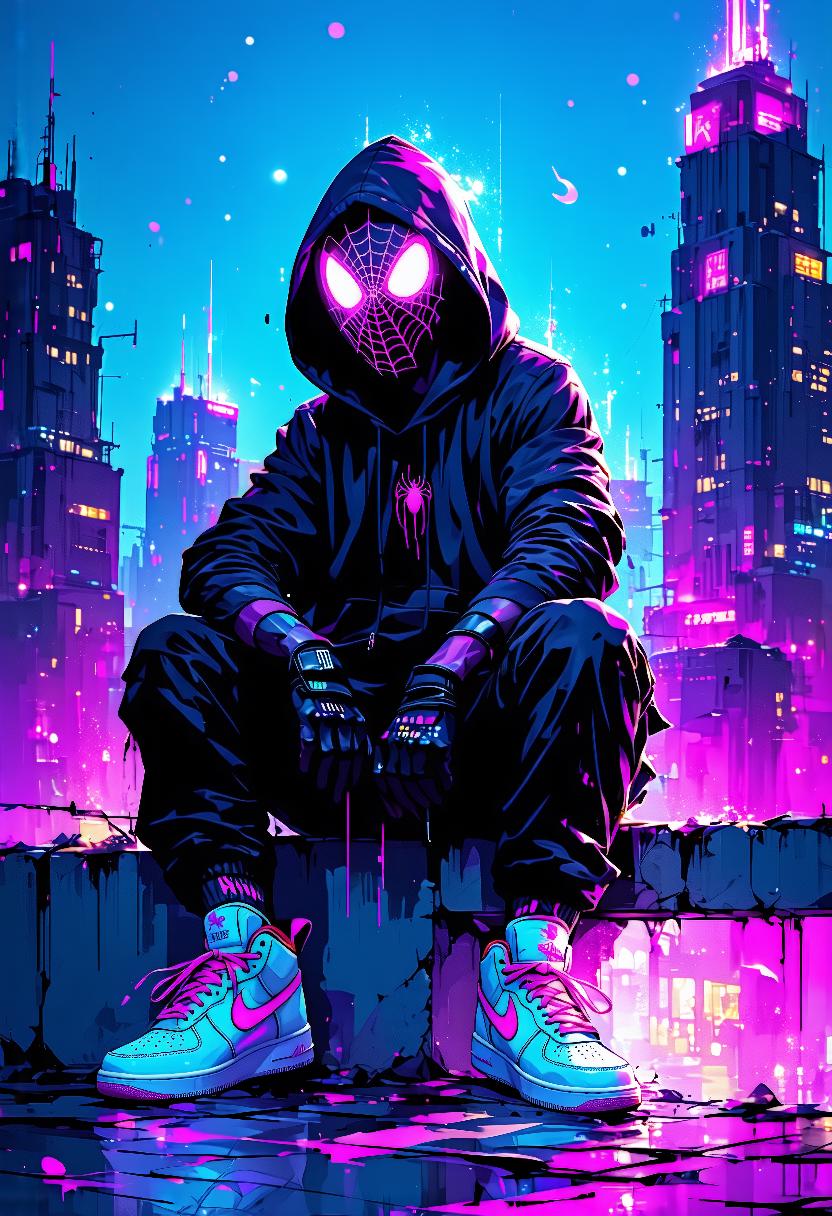 Digital Painting , Creating paintings using digital tools and software, often mimicking traditional painting techniques.a digital illustration in a vibrant, neon-lit style, depicting a futuristic cityscape at night, the central figure is a humanoid figure sitting on a rooftop, wearing a hoodie with a hood and a mask featuring a spider web design, the mask has large, glowing pink circles around the eyes, and the hood is open, revealing the mask's intricate web pattern, the figure's hands are covered with black gloves, and they are wearing black pants and white sneakers with red accents, the sneakers have a high-top design with white laces and a black sole, the background features a city skyline with tall, illuminated skyscrapers, their windows reflecting the neon lights of the city, the sky is a deep blue, dotted with stars, and music notes are floating around the figure, adding a sense of movement and energy to the scene, the overall color palette is dominated by blues, purples, and pinks, creating a surreal and dreamlike atmosphere, the illustration is highly detailed, with a focus on texture and lighting, giving it a three-dimensional quality