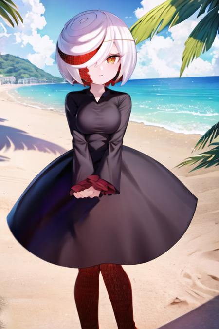 1girl, sageai, black dress, red legwear, beach <lora:sageai-mk2-final-nohc:1>