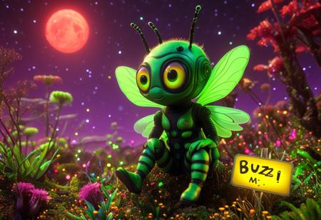 A friendly green alien with large expressive eyes, wearing a fluffy bee costume with black and yellow stripes, tiny wings, and fuzzy antennae, standing on an alien planet with vibrant, glowing flora and bioluminescent mushrooms. The alien holds a handmade sign that reads 'Buzz M3' in playful, glowing text. The sky is a deep purple with two moons visible, and the ground has a surreal, iridescent texture. The scene is illuminated by a soft, ambient glow, creating a whimsical and dreamlike atmosphere. Highly detailed, cinematic lighting, ultra-realistic textures, and vibrant colors.
Alien world. high-resolution, cinematic lighting, soft colors ((4k,8k,Ultra HD)),((Masterpiece :1.2)),((Best quality :1.2)),((Detailed :1.5)),((Detailed background :1.5))