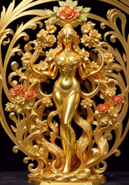 golden sculpture of a flame ornaments flowers art nouveau and Jewelry of prismatic opal and gold, design in rococo style, dark background, studio shot