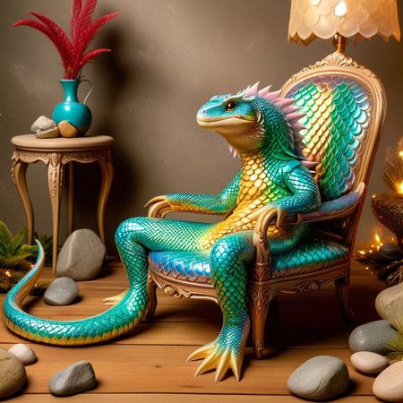 p1nk1r1sc4l3s, antro snake Santa, clothes made out of iridescent scales, desert rock workshop, lizard elves in the background, sitting on a wooden chair, hyperrealism, bokeh, UHD, shot on canon P900