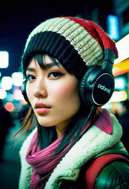 japanese otaku girl,winter hat, headphones,(beautiful face,exquisite face,skin texture:1.2), (ultra-wide angle:1.3), body portrait from side, (masterpiece,best quality,ultra high res:1.2),(photo-realistic:1.3),middle of shibuya, night, dark mood, polaroid color sx-70 instant analog film, faded, blurry, motion blur, ((grainy))