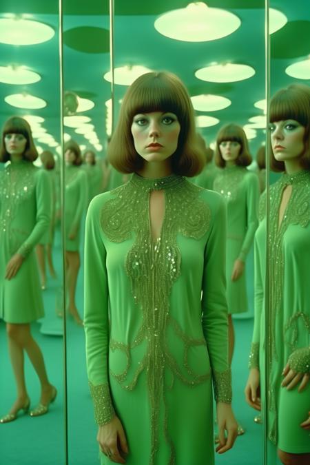 <lora:Director Rainer Werner Fassbinder style:1>Director Rainer Werner Fassbinder style - movie still of a woman with brown hair and green moon moth resting on her chest. kneeling in room of mirrors, the mirrors show different people watching her. green, teal, coral, blue color palette. very detailed. 70s arthouse. sharp focus, award winning photography, shotdreamlike, shot at a distance, film still, film grain