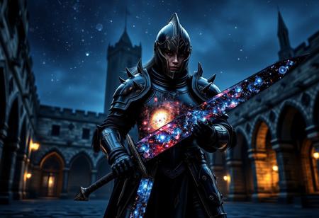 aidmaimageupgrader, ((they glow at night)), a high quality digital image of a woman knight wearing full heavy plate armour included helmet and face shield, the armour is as dark as eternity and seems to absorb light itself, the armour is stylised with sleek curves and a variety pf spikes on the shoulder pads and gauntlets, she is holding a greatsword, the greatsword is black as night and the blade is made of an intricately detailed galaxy, within the galaxy we see a variety of stars, nebulae and galactic dust detailed in bright and vivid colours, she is standing in a castle courtyard at midnight, they glow at night,