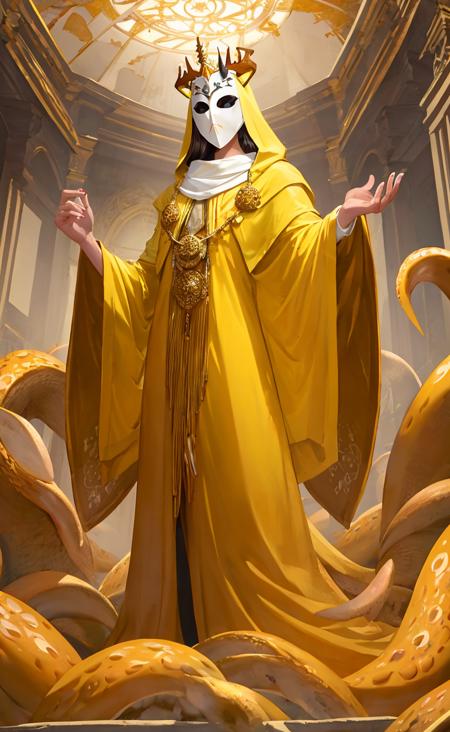 masterpiece, best quality, kinginyellow, the kinginyellow (wearing a white porcelain mask:1.1) and a tattered yellow cloak standing, surrounded by a mass of writhing tentacles, ornate baroque ballroom background, antlers, crown <lora:kinginyellow-beta1-000007:0.9>