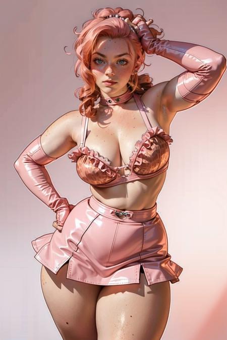 ruffl3p1nk, elbow gloves,pink bra,pink skirt, jacket,