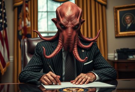 president cthulu in a sharp pin striped suit posing for presidential portrait in the oval office, real photograph, signing bill, empty eyes, lovecraftian, vote for cthulu photorealistic, correct hands, correct fingers, seal of the president of the united states